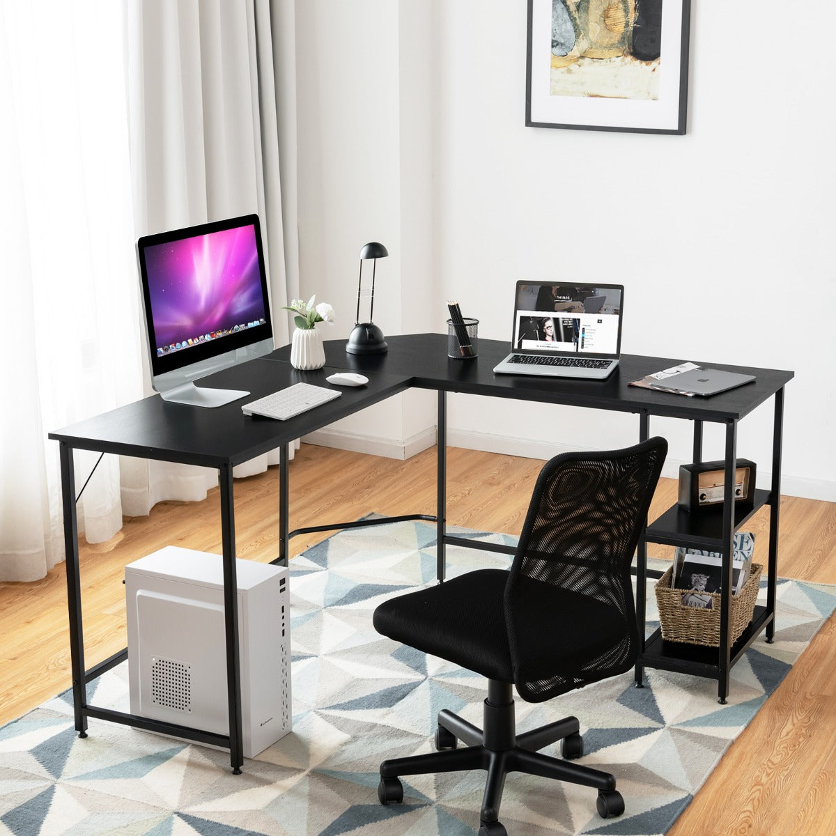 L-Shaped Desk with 2-Tier Storage Shelf for Home