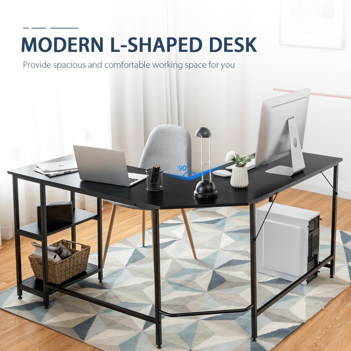 L-Shaped Desk with 2-Tier Storage Shelf for Home
