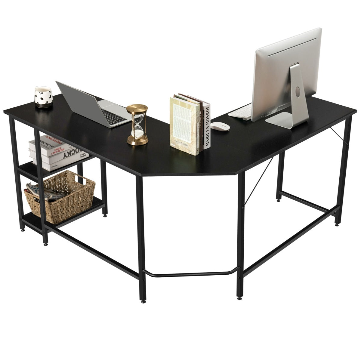 L-Shaped Desk with 2-Tier Storage Shelf for Home