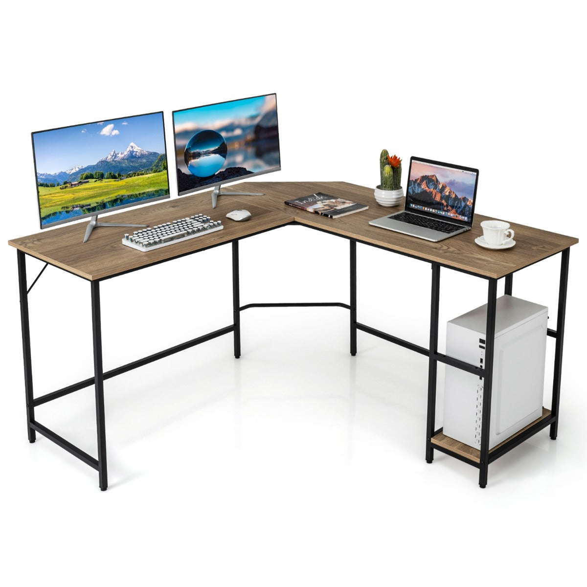 L-Shaped Desk with 2-Tier Storage Shelf for Home