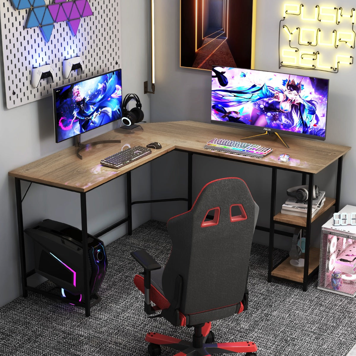 L-Shaped Desk with 2-Tier Storage Shelf for Home