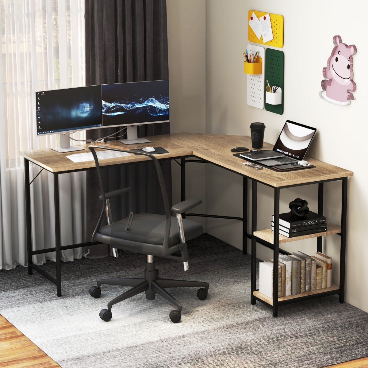 L-Shaped Desk with 2-Tier Storage Shelf for Home