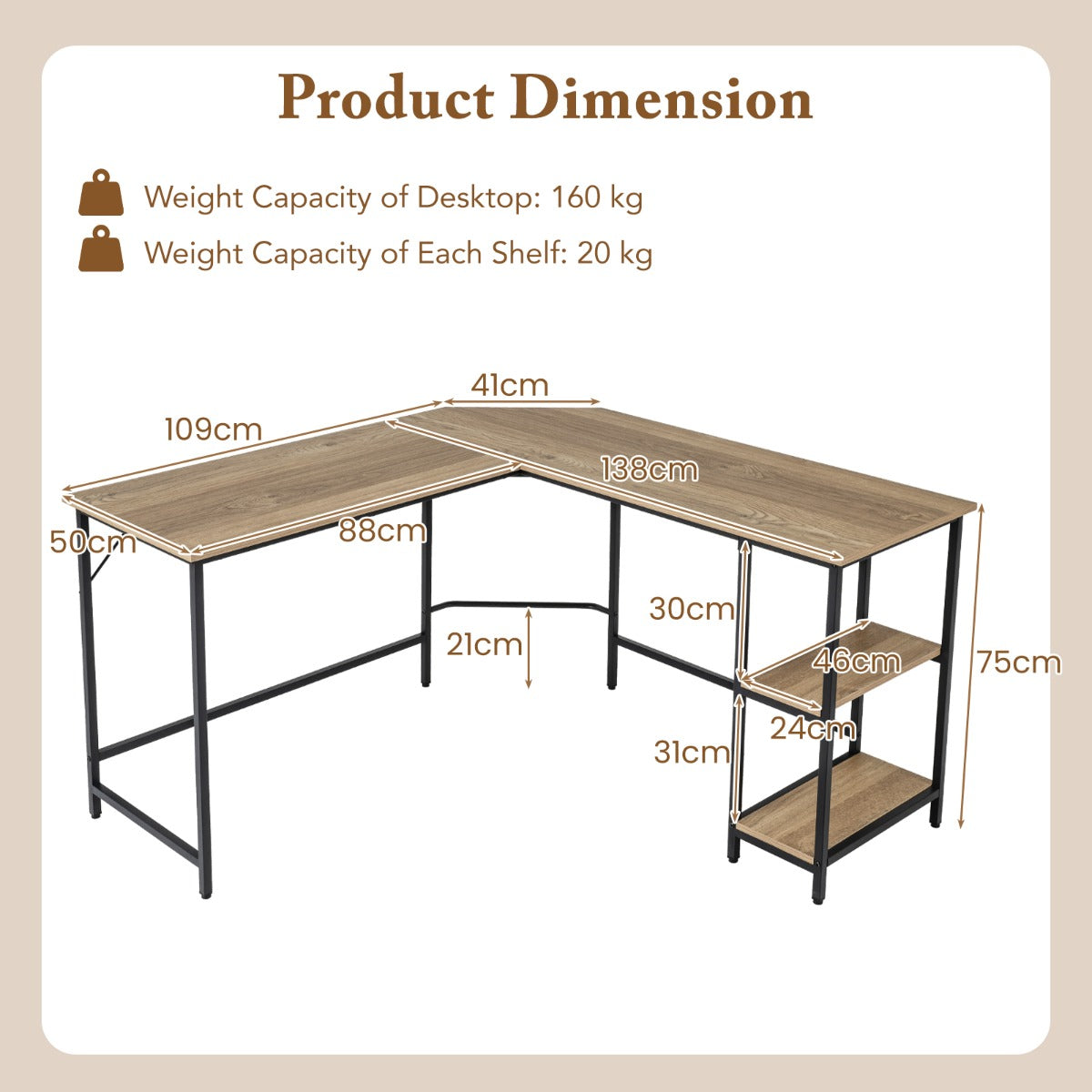 L-Shaped Desk with 2-Tier Storage Shelf for Home