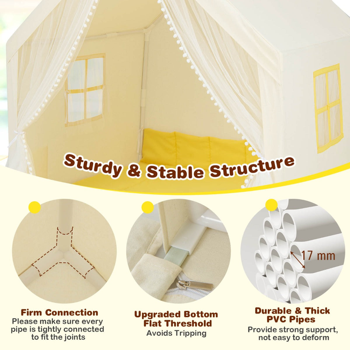 Large Play Tent with Washable Cotton Mat and Star Lights for Kids