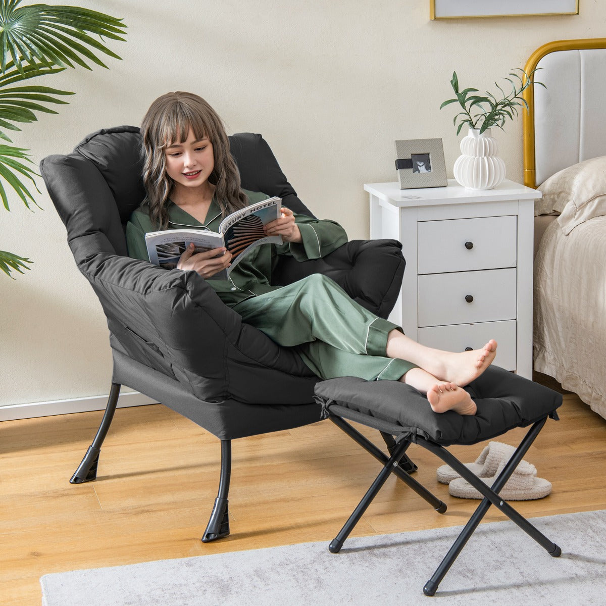 Modern Lazy Chair with Ottoman Pillow Armrests Side Pocket