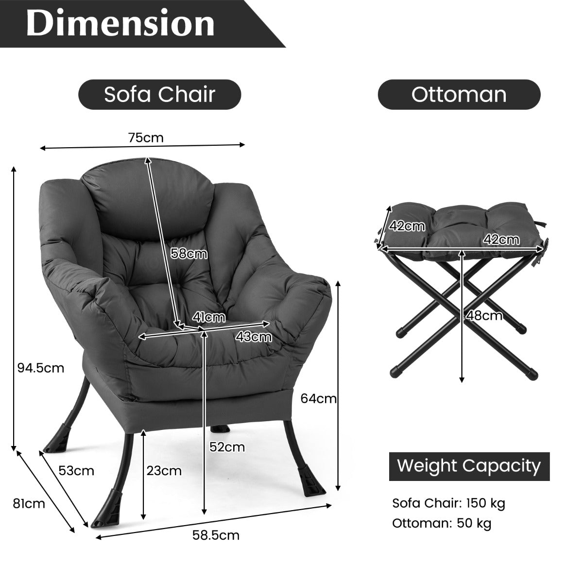 Modern Lazy Chair with Ottoman Pillow Armrests Side Pocket