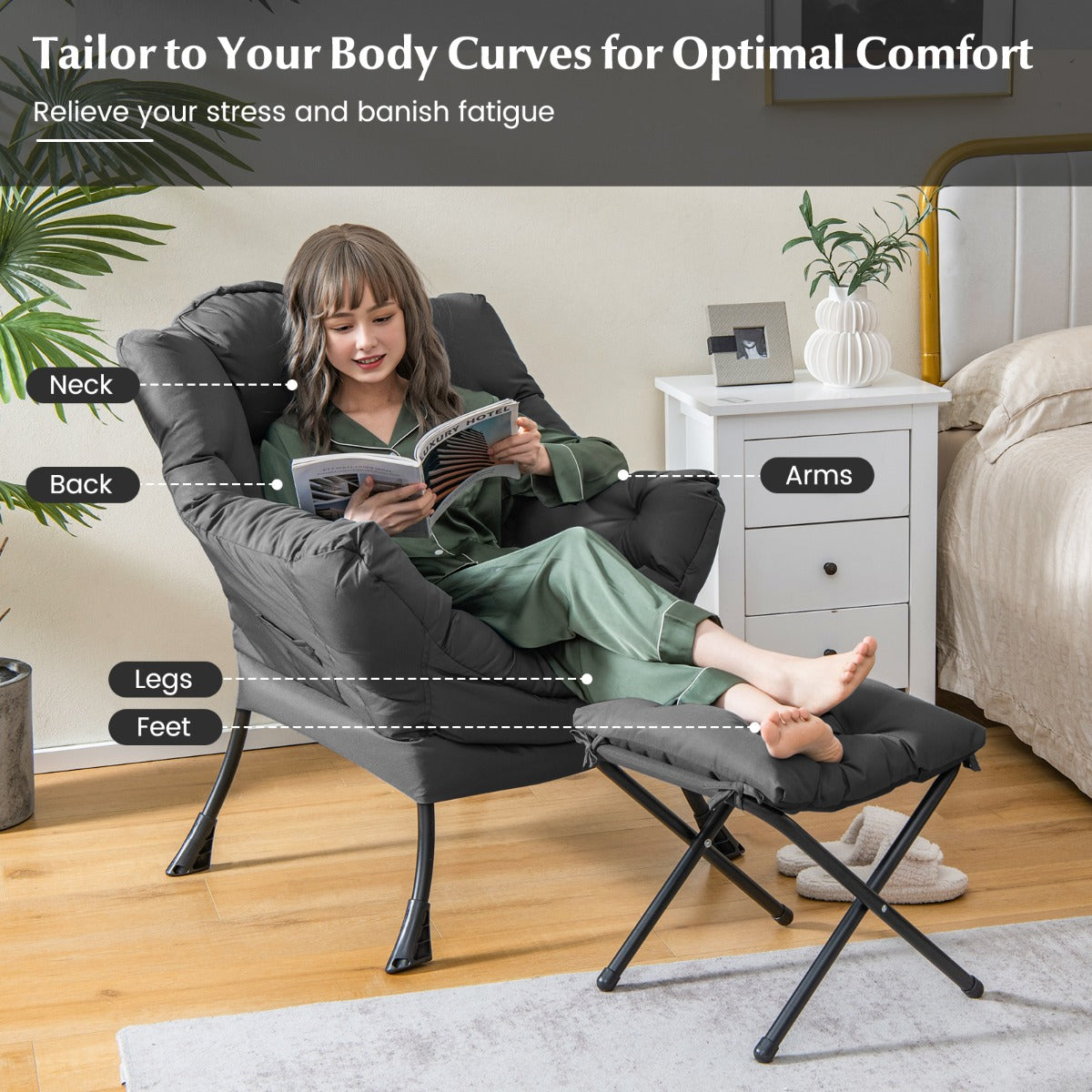 Modern Lazy Chair with Ottoman Pillow Armrests Side Pocket