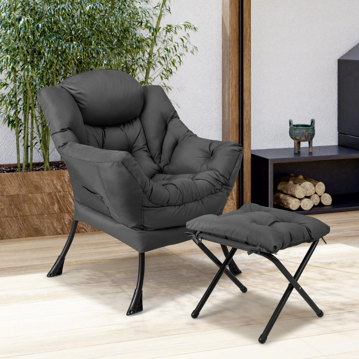 Modern Lazy Chair with Ottoman Pillow Armrests Side Pocket