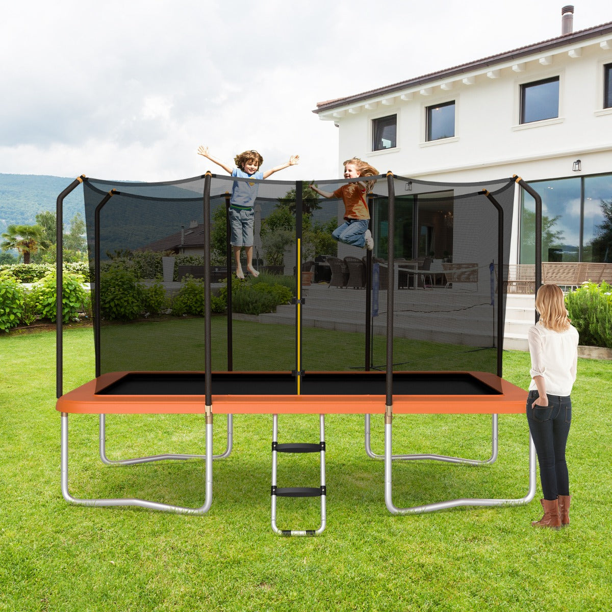 430 cm x 250 cm Rectangular Trampoline with Enclosure Net for Kids and Adults