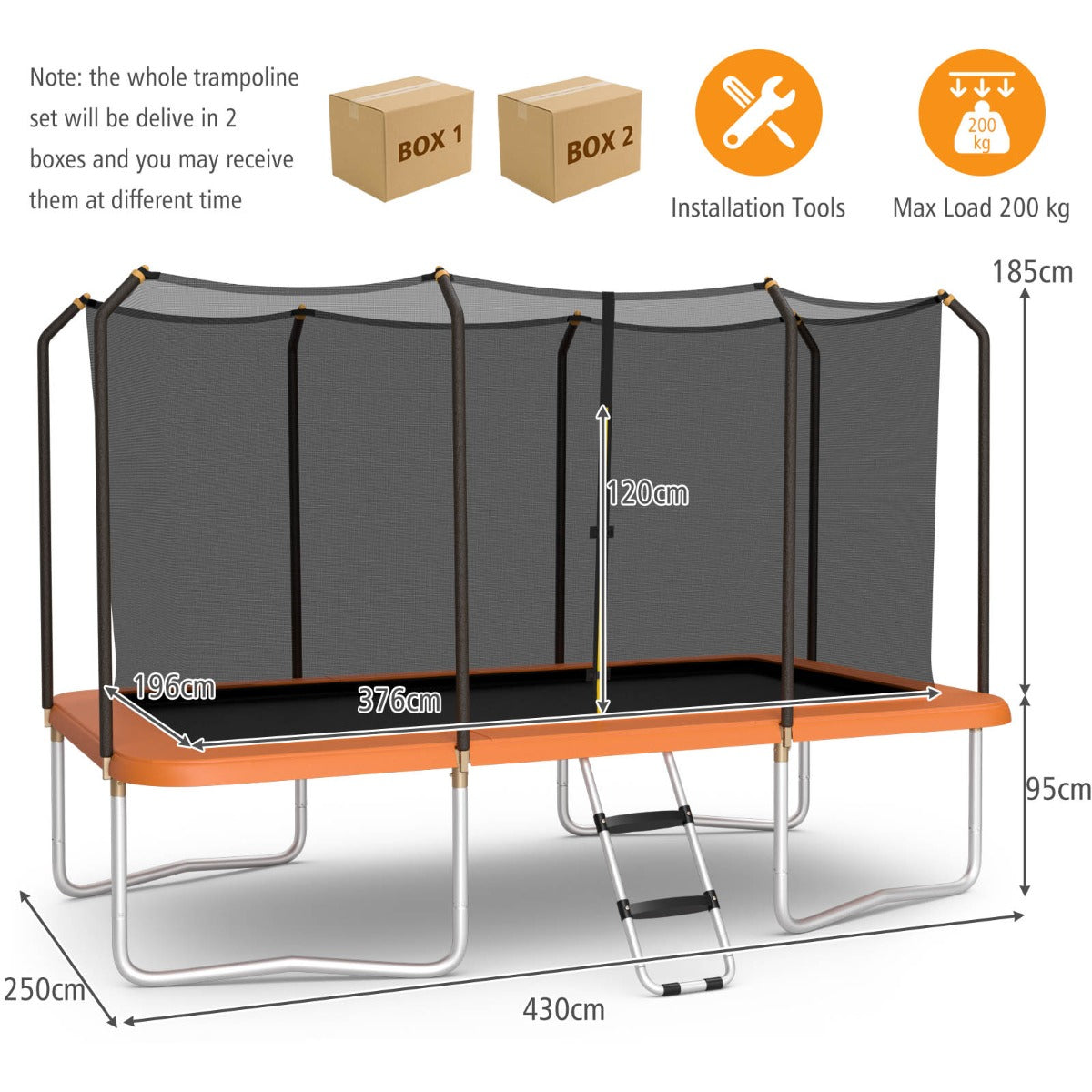 430 cm x 250 cm Rectangular Trampoline with Enclosure Net for Kids and Adults