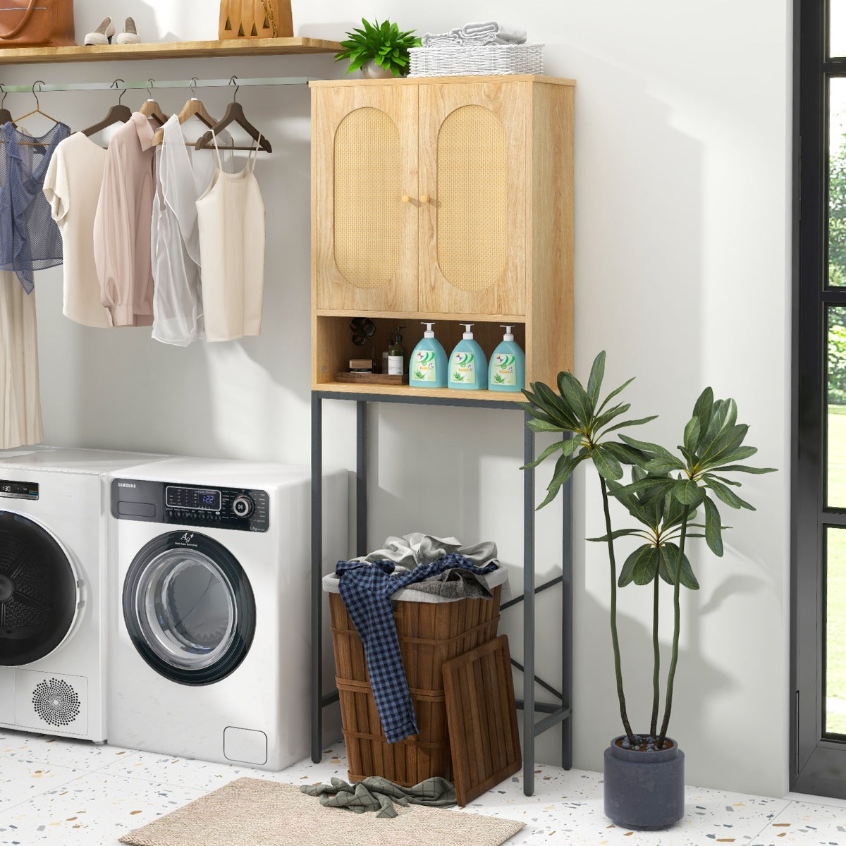 Over The Toilet Storage Cabinet Freestanding with Rattan Doors and Shelves