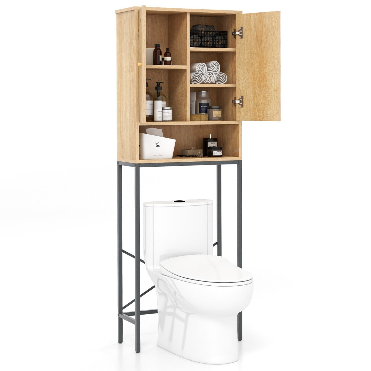 Over The Toilet Storage Cabinet Freestanding with Rattan Doors and Shelves