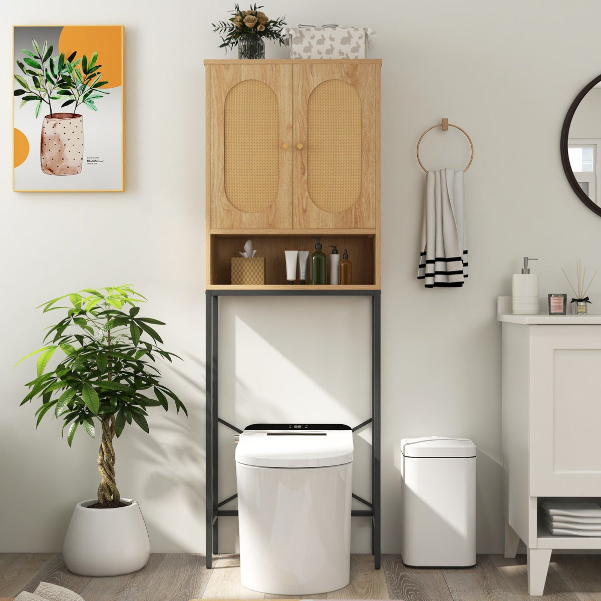 Over The Toilet Storage Cabinet Freestanding with Rattan Doors and Shelves