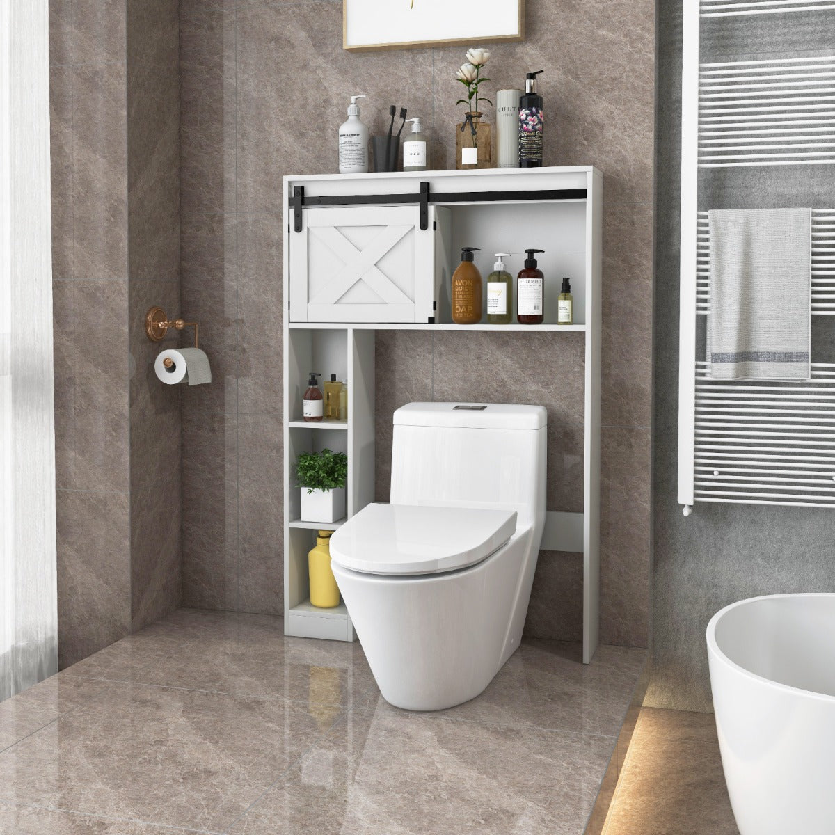 Over The Toilet Storage Cabinet with Sliding Barn Door and Shelves