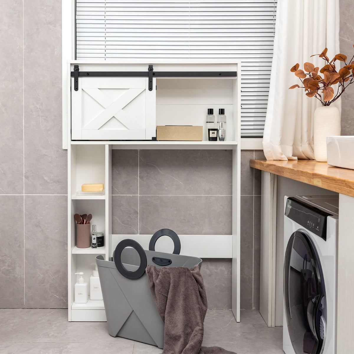 Over The Toilet Storage Cabinet with Sliding Barn Door and Shelves