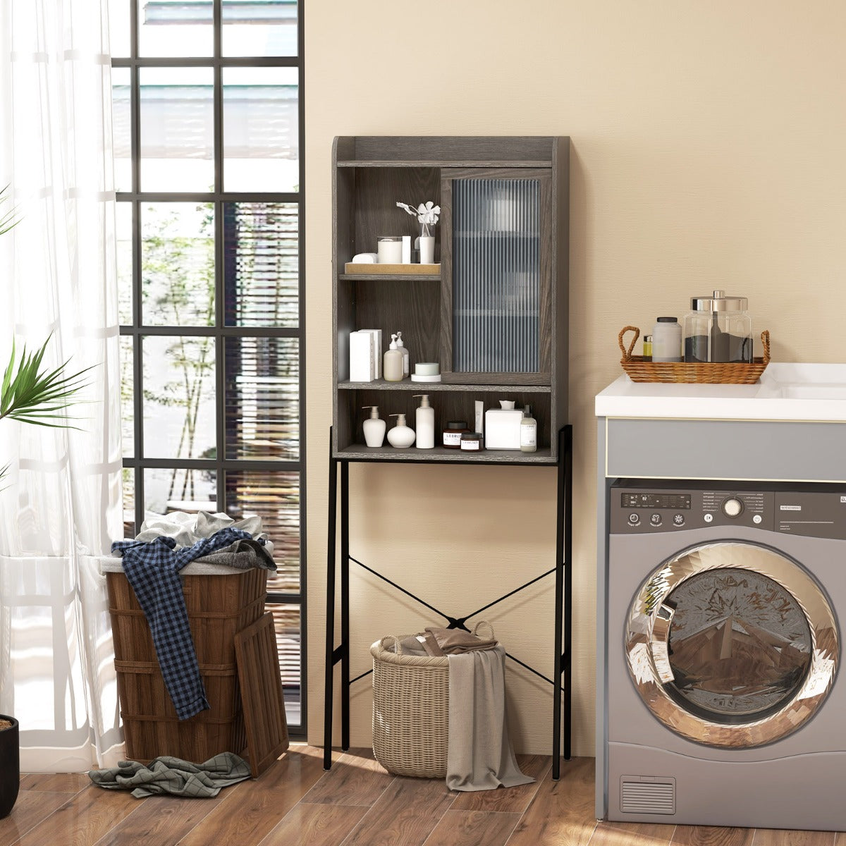 Over the Toilet Storage Cabinet with Sliding Door and Shelves
