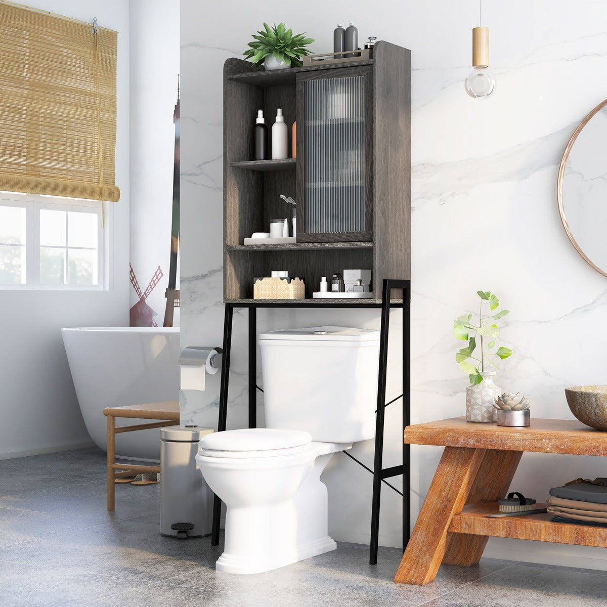 Over the Toilet Storage Cabinet with Sliding Door and Shelves