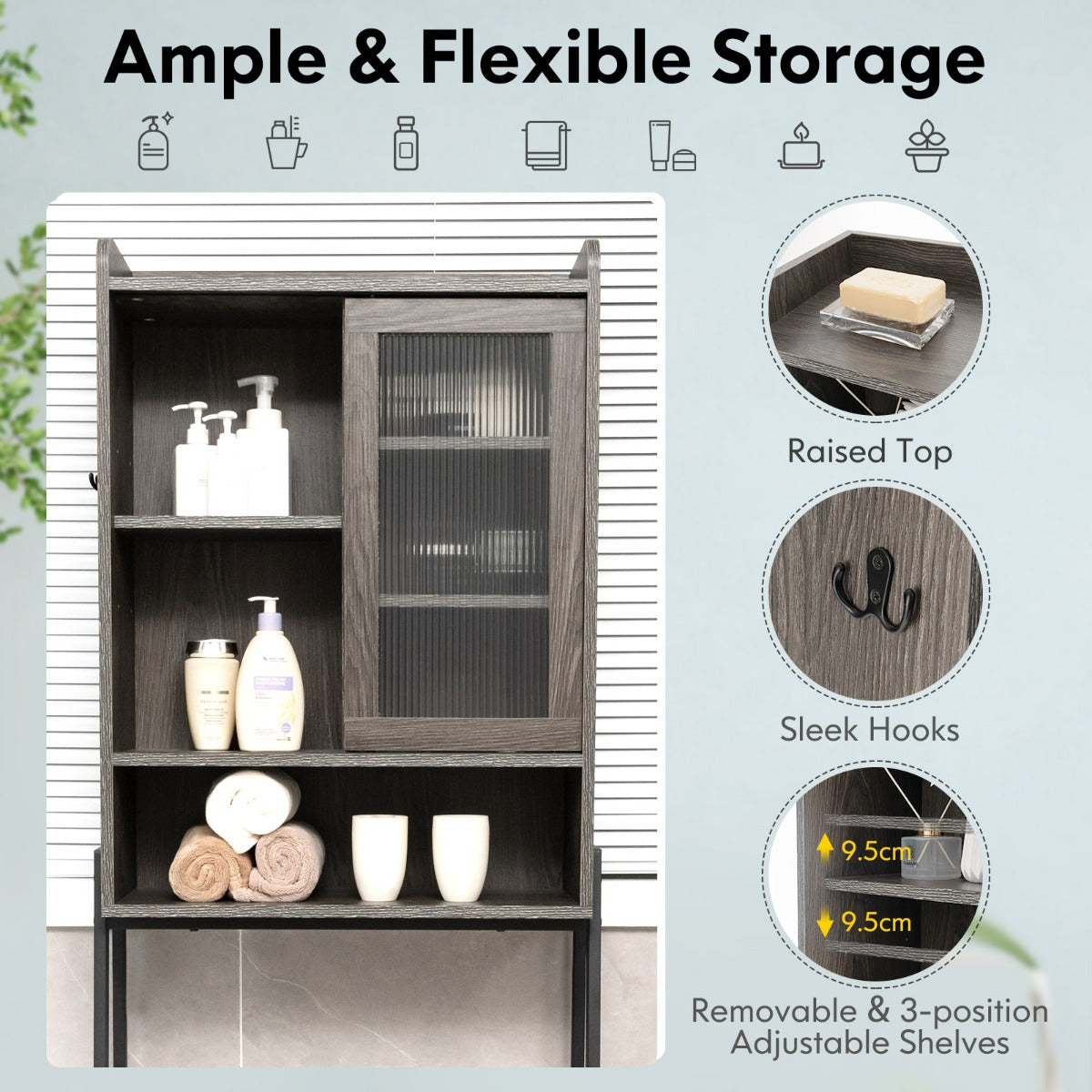 Over the Toilet Storage Cabinet with Sliding Door and Shelves