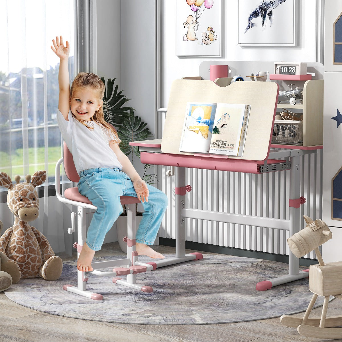 Height Adjustable Children Study Desk with Tilt Desktop for 3-12 Years Old