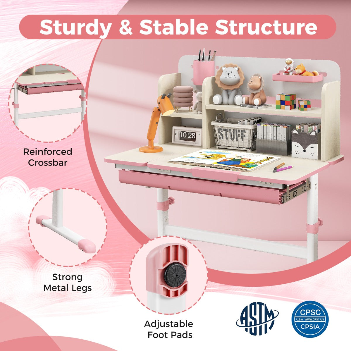 Height Adjustable Children Study Desk with Tilt Desktop for 3-12 Years Old
