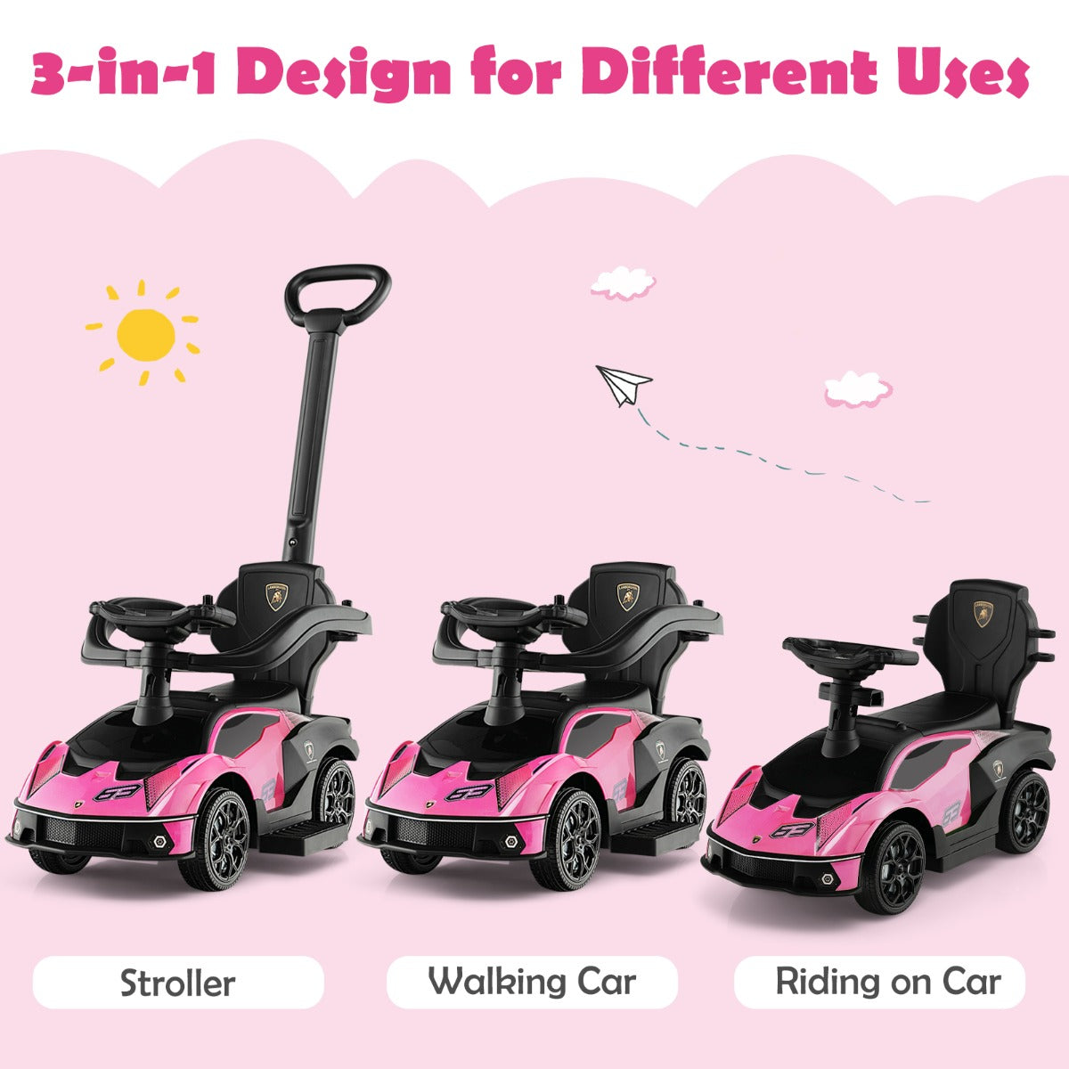 3-in-1 Licensed Lamborghini Ride on Push Car for Boys and Girls from 12 to 36 Months
