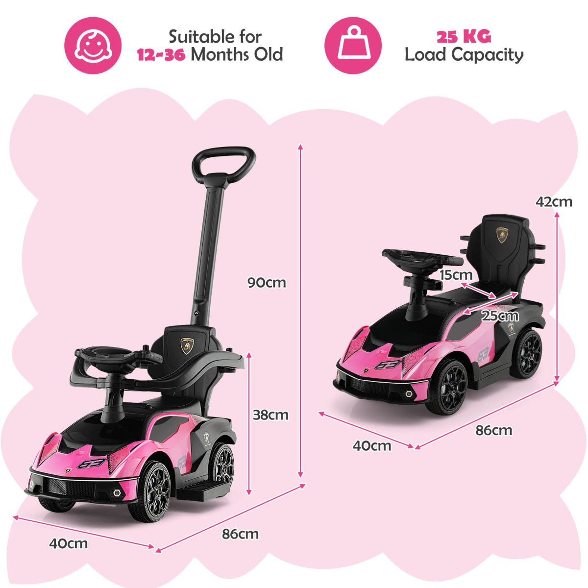 3-in-1 Licensed Lamborghini Ride on Push Car for Boys and Girls from 12 to 36 Months