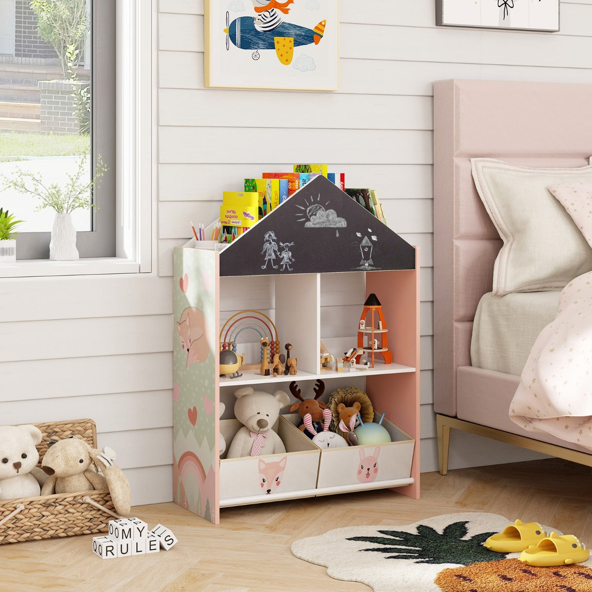 Playhouse Kids Bookshelf with Writable Chalkboard and Whiteboard