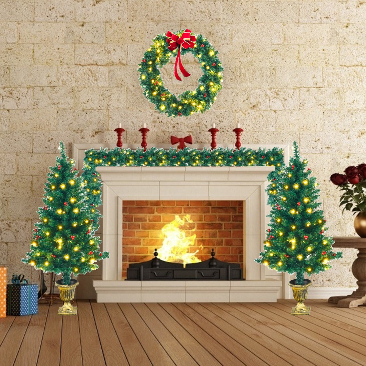 Pre-Lit Holiday Christmas 4-Piece Set with 200 LED Lights and Red Berries