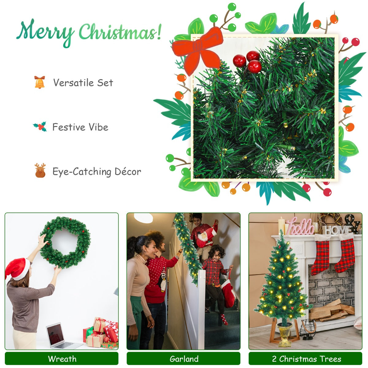 Pre-Lit Holiday Christmas 4-Piece Set with 200 LED Lights and Red Berries