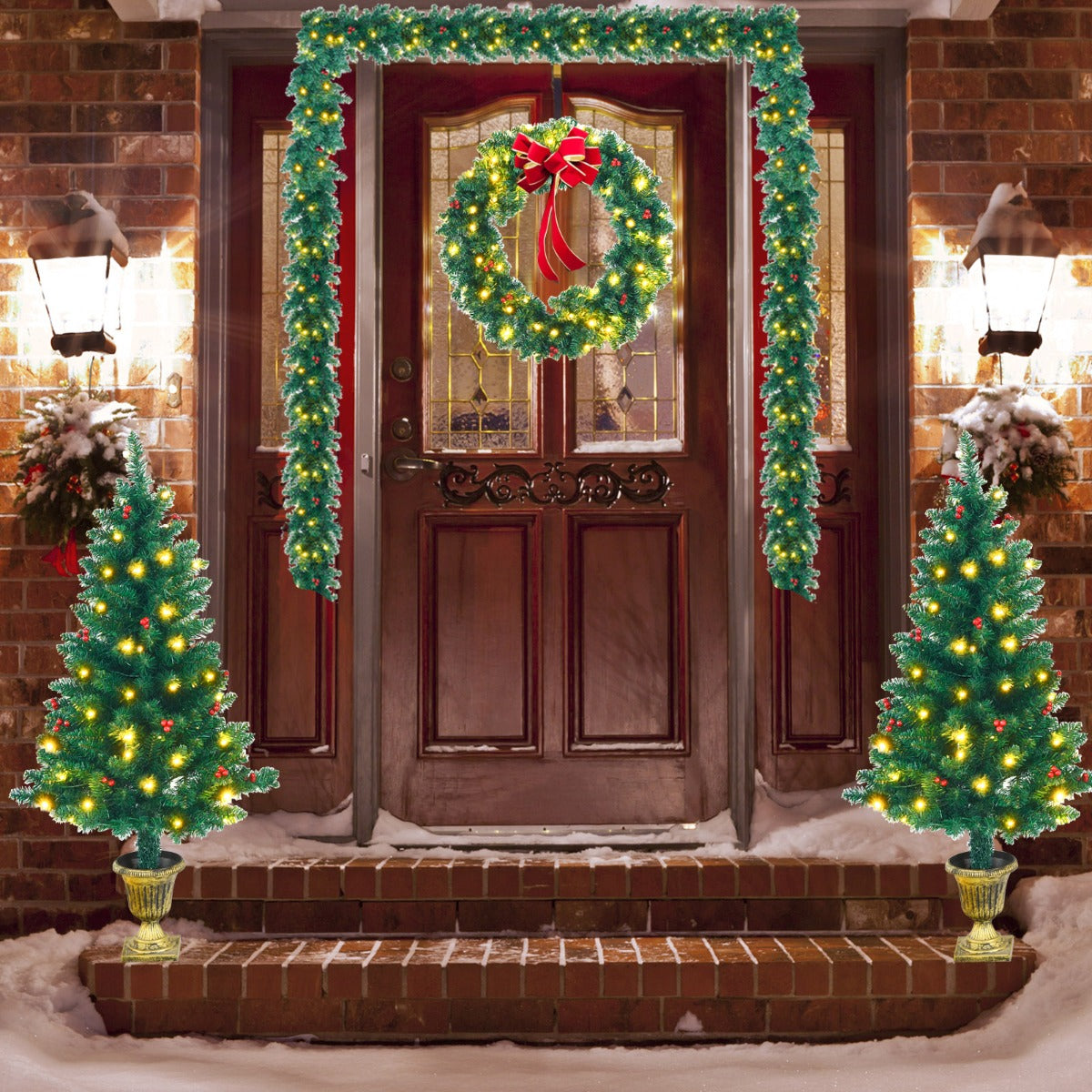 Pre-Lit Holiday Christmas 4-Piece Set with 200 LED Lights and Red Berries