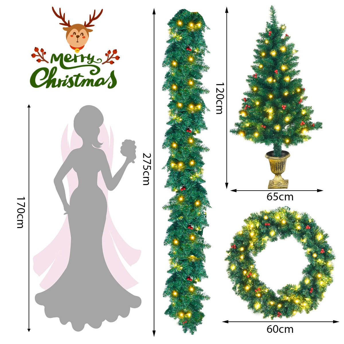Pre-Lit Holiday Christmas 4-Piece Set with 200 LED Lights and Red Berries