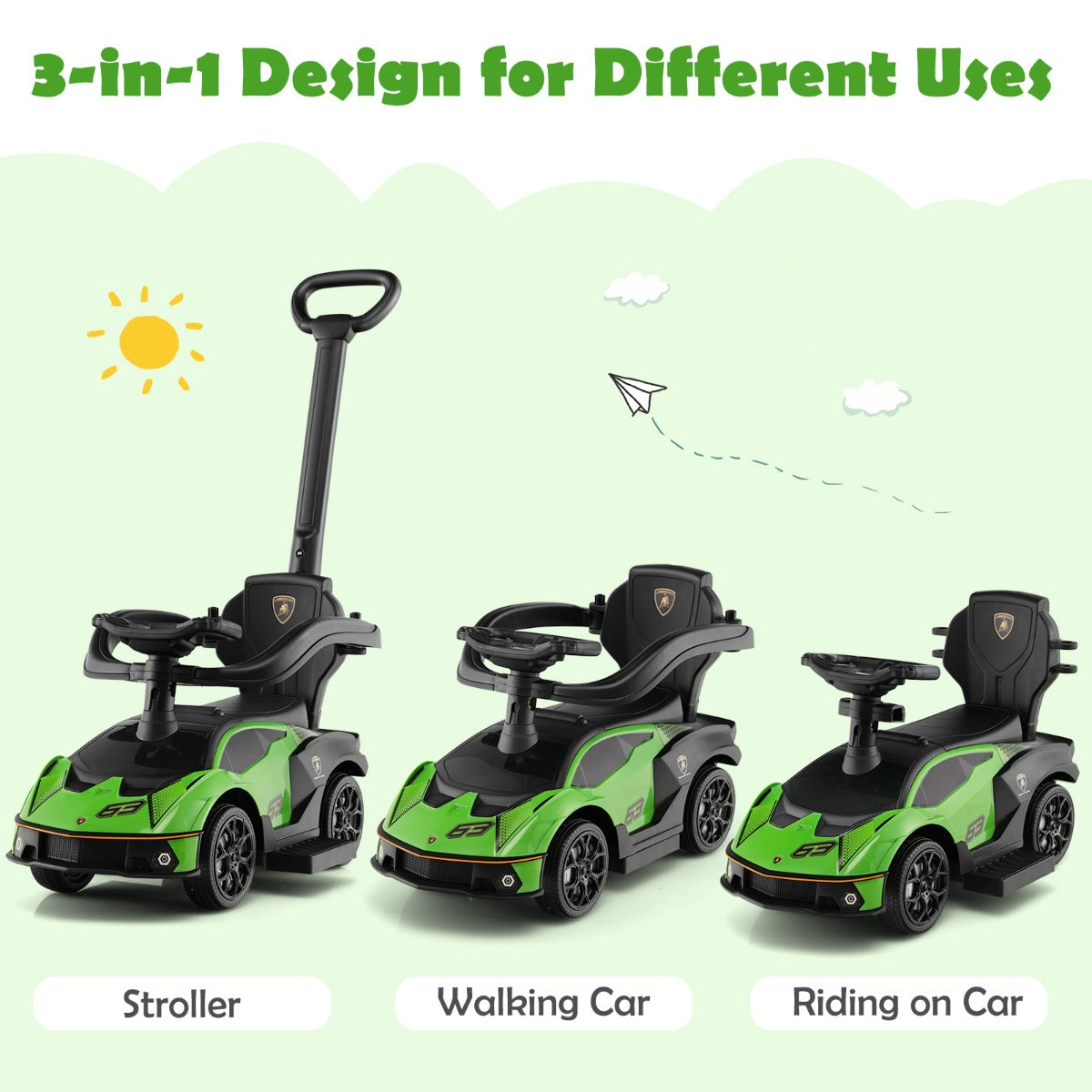 3-in-1 Licensed Lamborghini Ride on Push Car for Boys and Girls from 12 to 36 Months