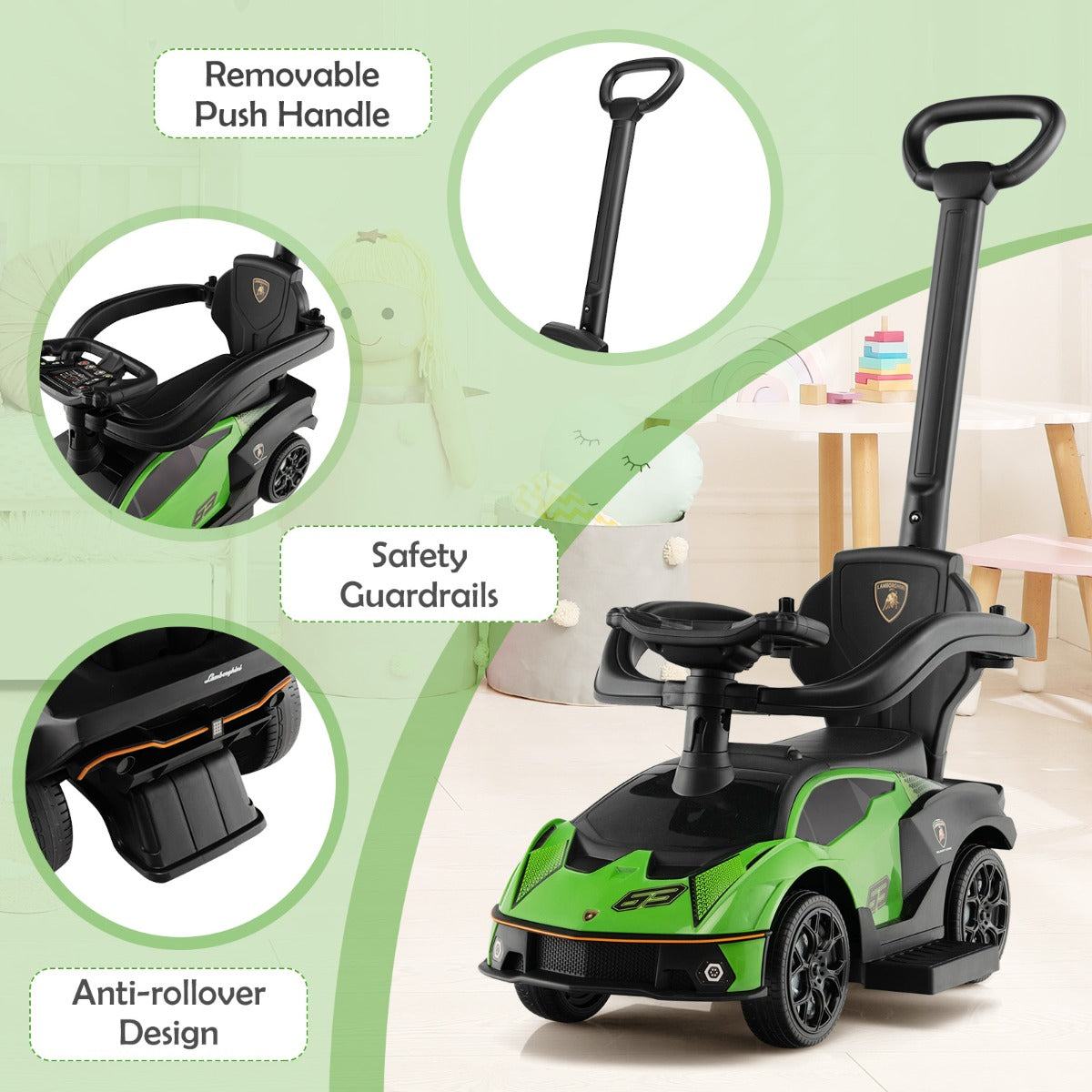 3-in-1 Licensed Lamborghini Ride on Push Car for Boys and Girls from 12 to 36 Months