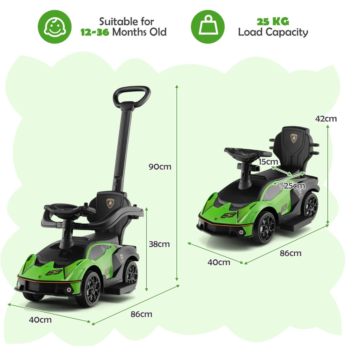 3-in-1 Licensed Lamborghini Ride on Push Car for Boys and Girls from 12 to 36 Months