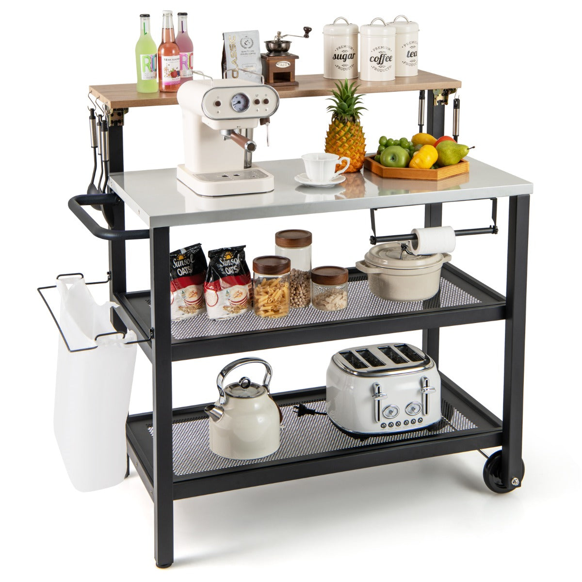 Rolling Bar Cart with Flip-up Table and Foldable Handle for Kitchen