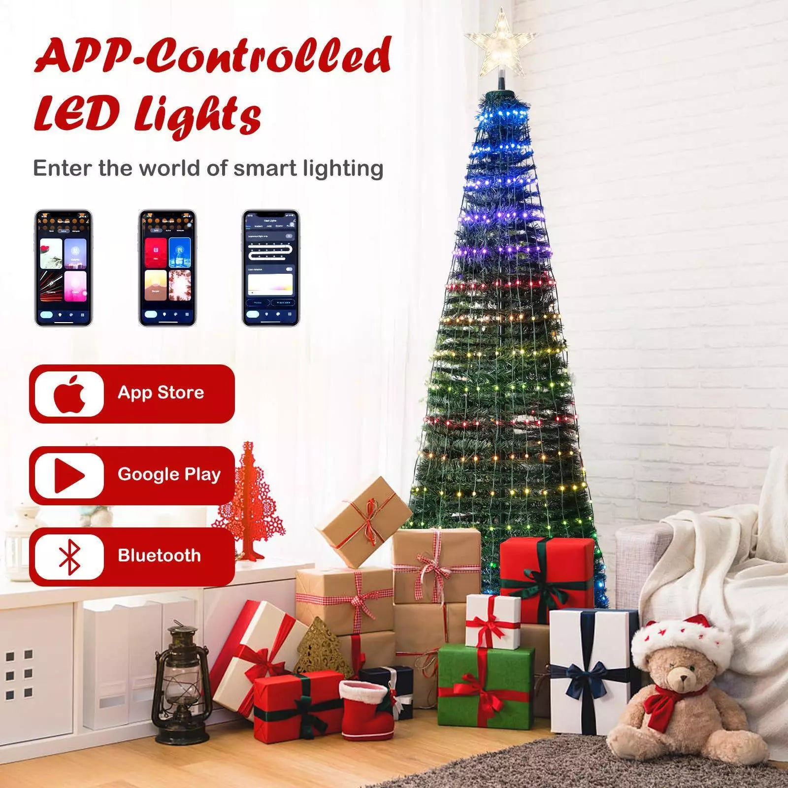 Indoor & Outdoor 190 cm Pop-up Christmas Tree Pre-Lit Xmas Tree w/12 Light Modes