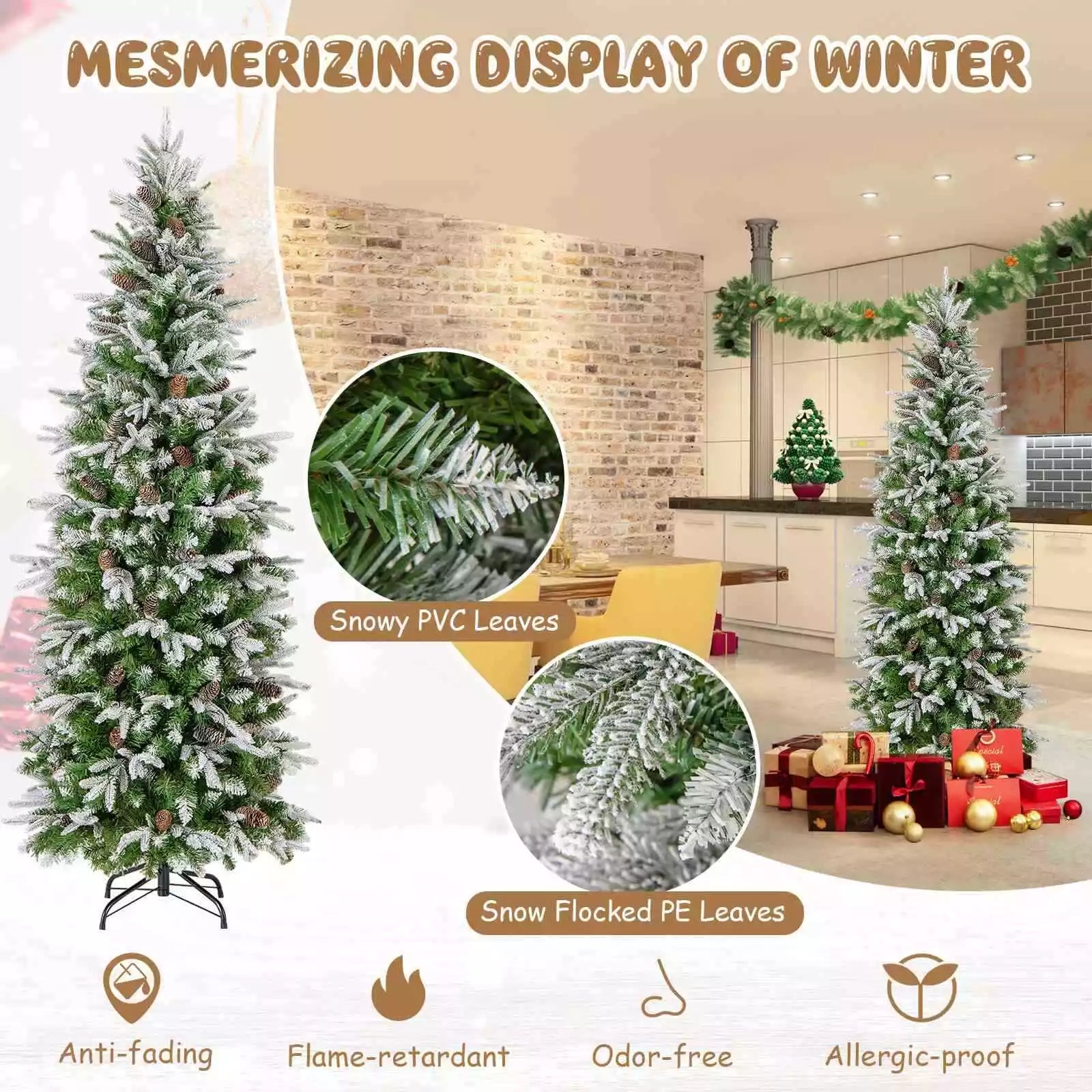 190CM Pre-lit Xmas Christmas Slim Tree w/60 Natural Pine Cones & PE Snowy Leaves