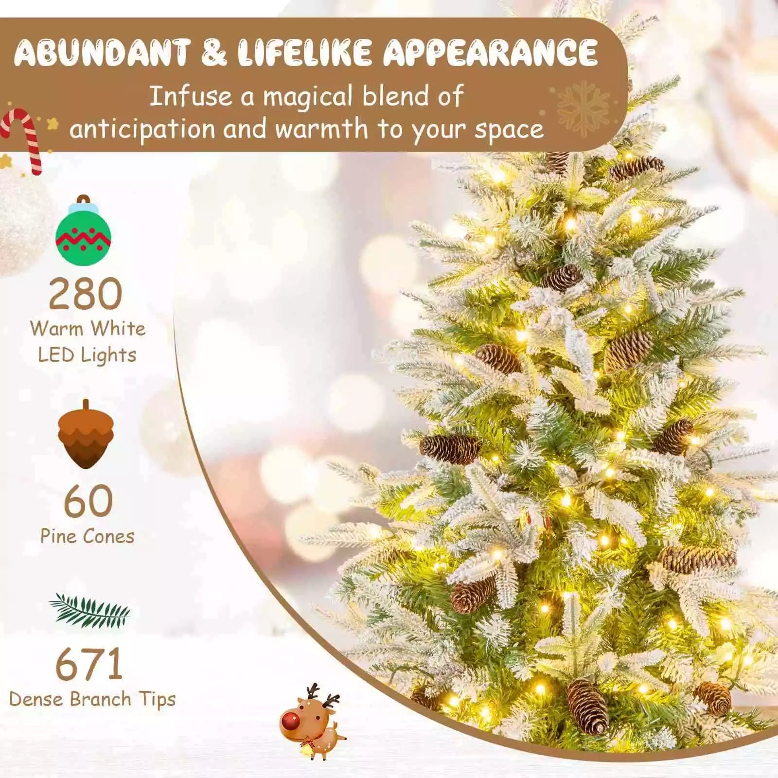 190CM Pre-lit Xmas Christmas Slim Tree w/60 Natural Pine Cones & PE Snowy Leaves
