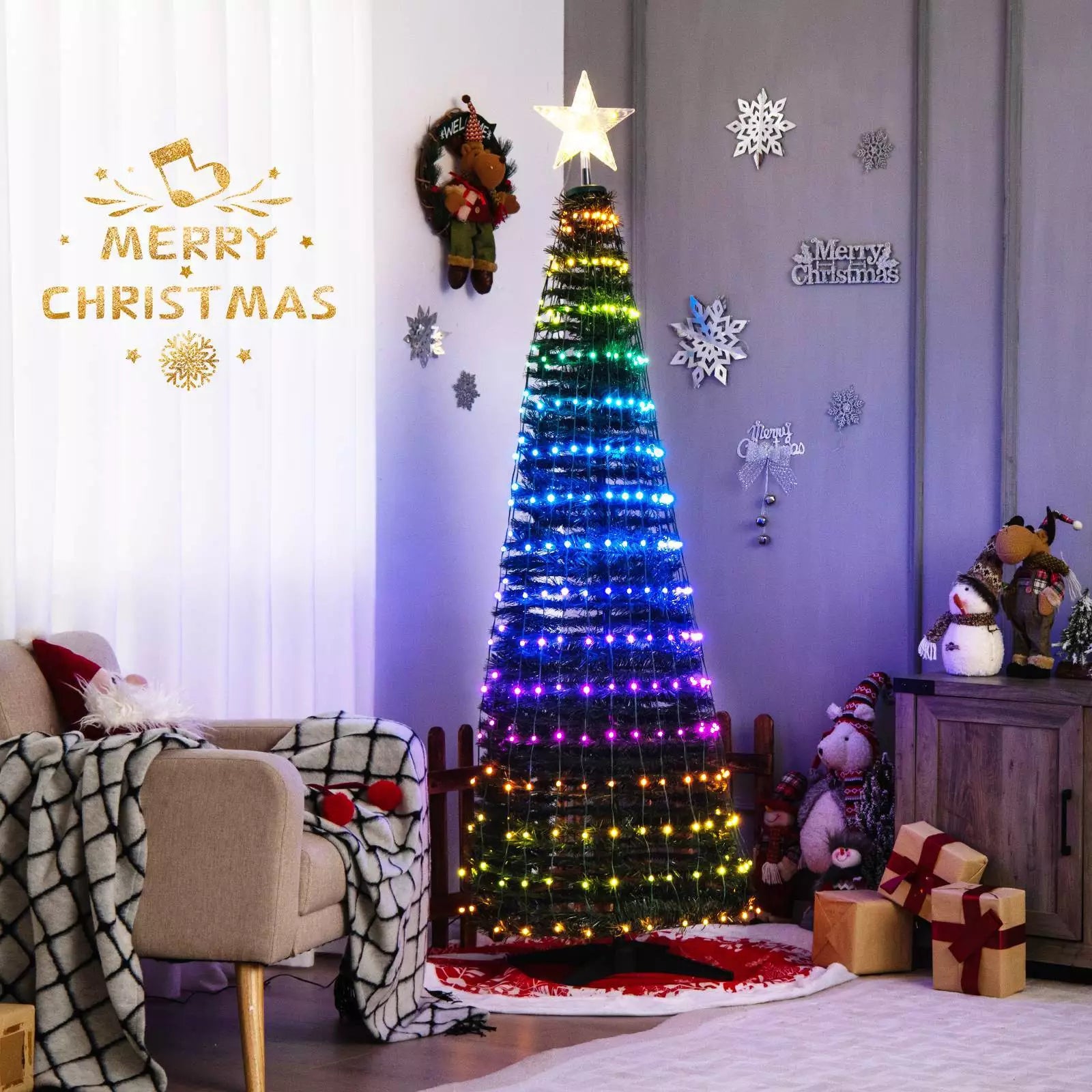 Indoor & Outdoor 190 cm Pop-up Christmas Tree Pre-Lit Xmas Tree w/12 Light Modes