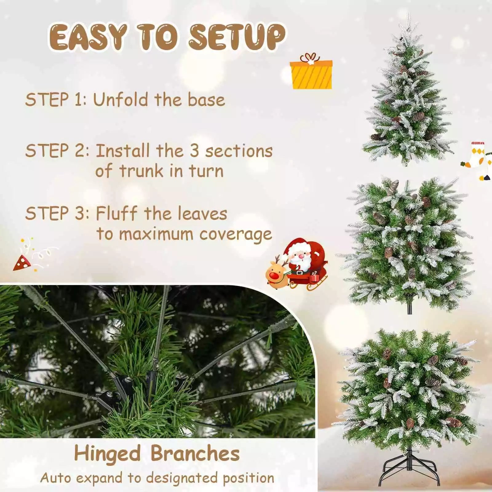 190CM Pre-lit Xmas Christmas Slim Tree w/60 Natural Pine Cones & PE Snowy Leaves