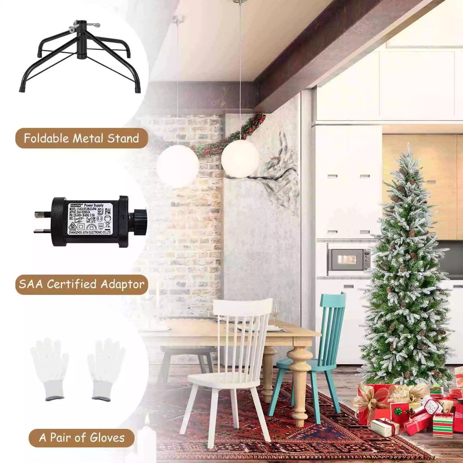 190CM Pre-lit Xmas Christmas Slim Tree w/60 Natural Pine Cones & PE Snowy Leaves