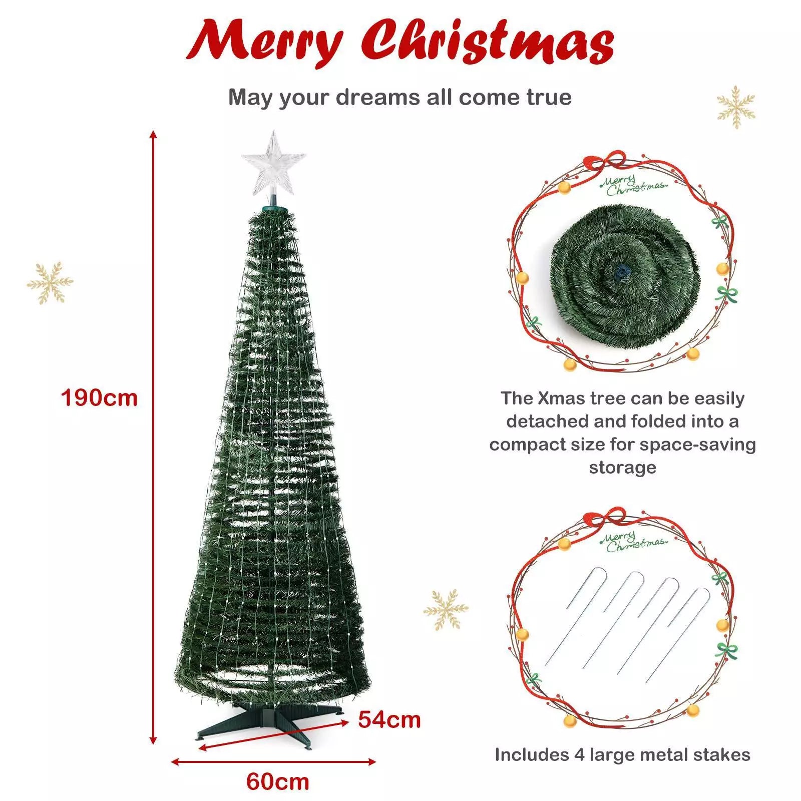 Indoor & Outdoor 190 cm Pop-up Christmas Tree Pre-Lit Xmas Tree w/12 Light Modes