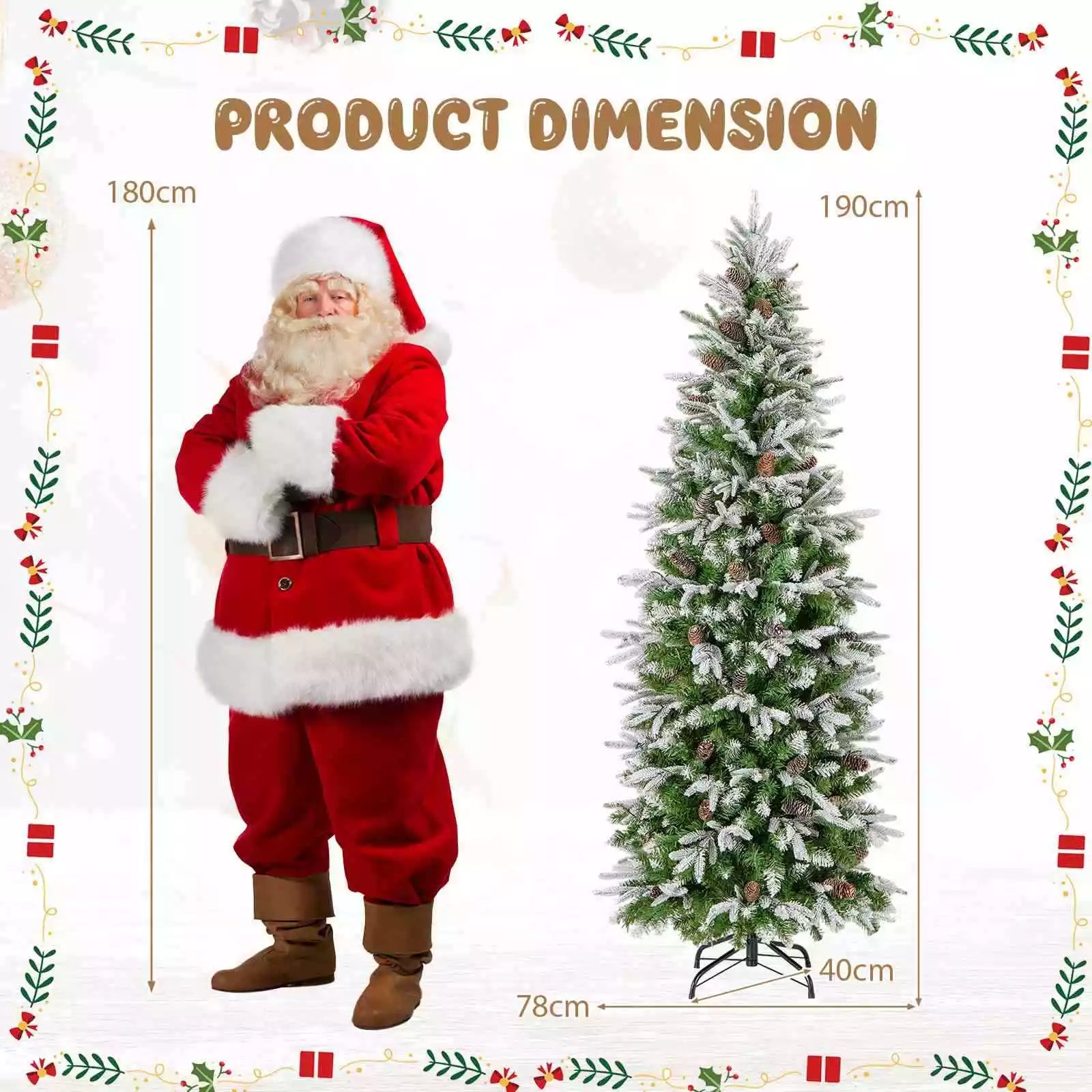 190CM Pre-lit Xmas Christmas Slim Tree w/60 Natural Pine Cones & PE Snowy Leaves