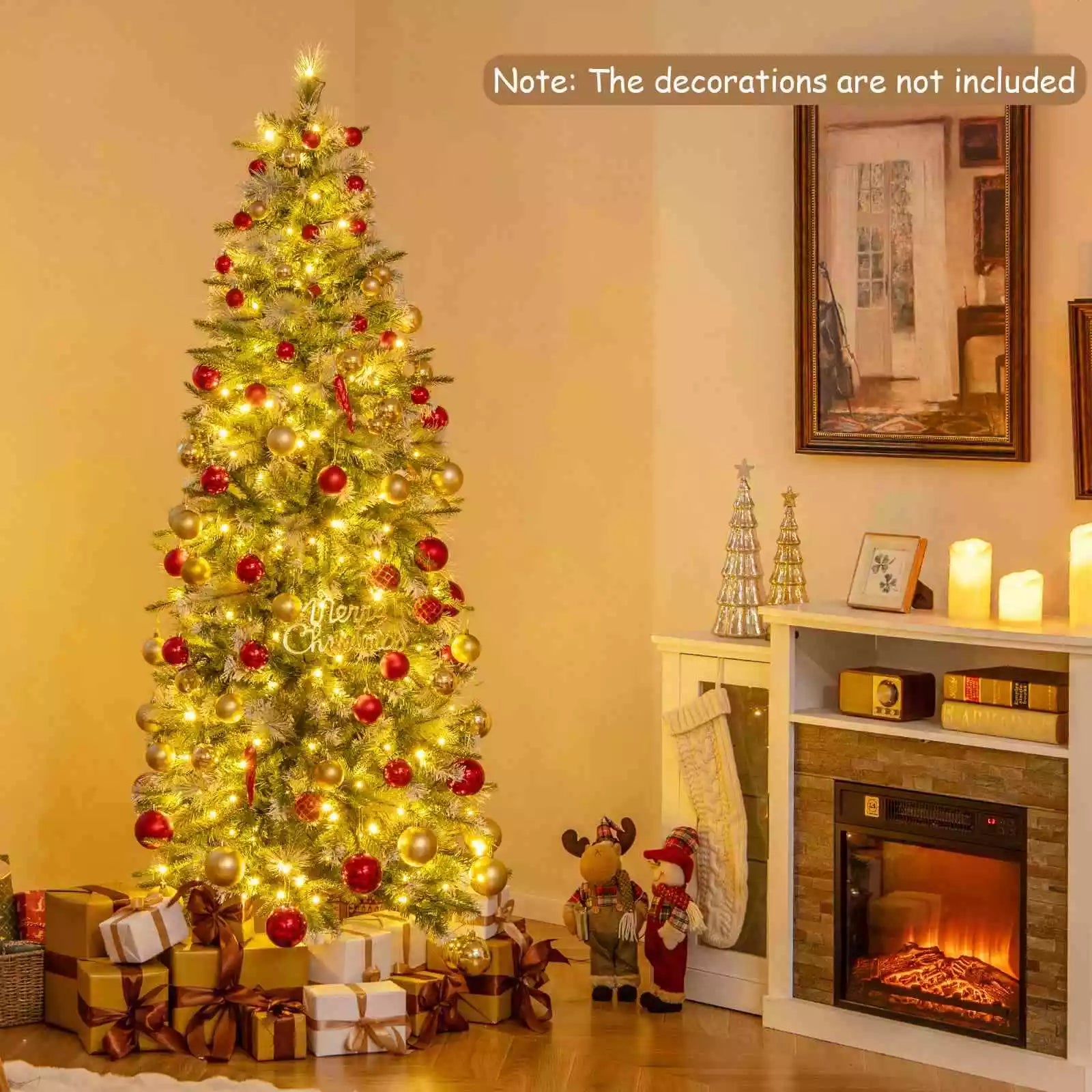190CM Pre-Lit Christmas Tree Flocked Xmas Decor w/ Pine Needles & 280 LED Lights