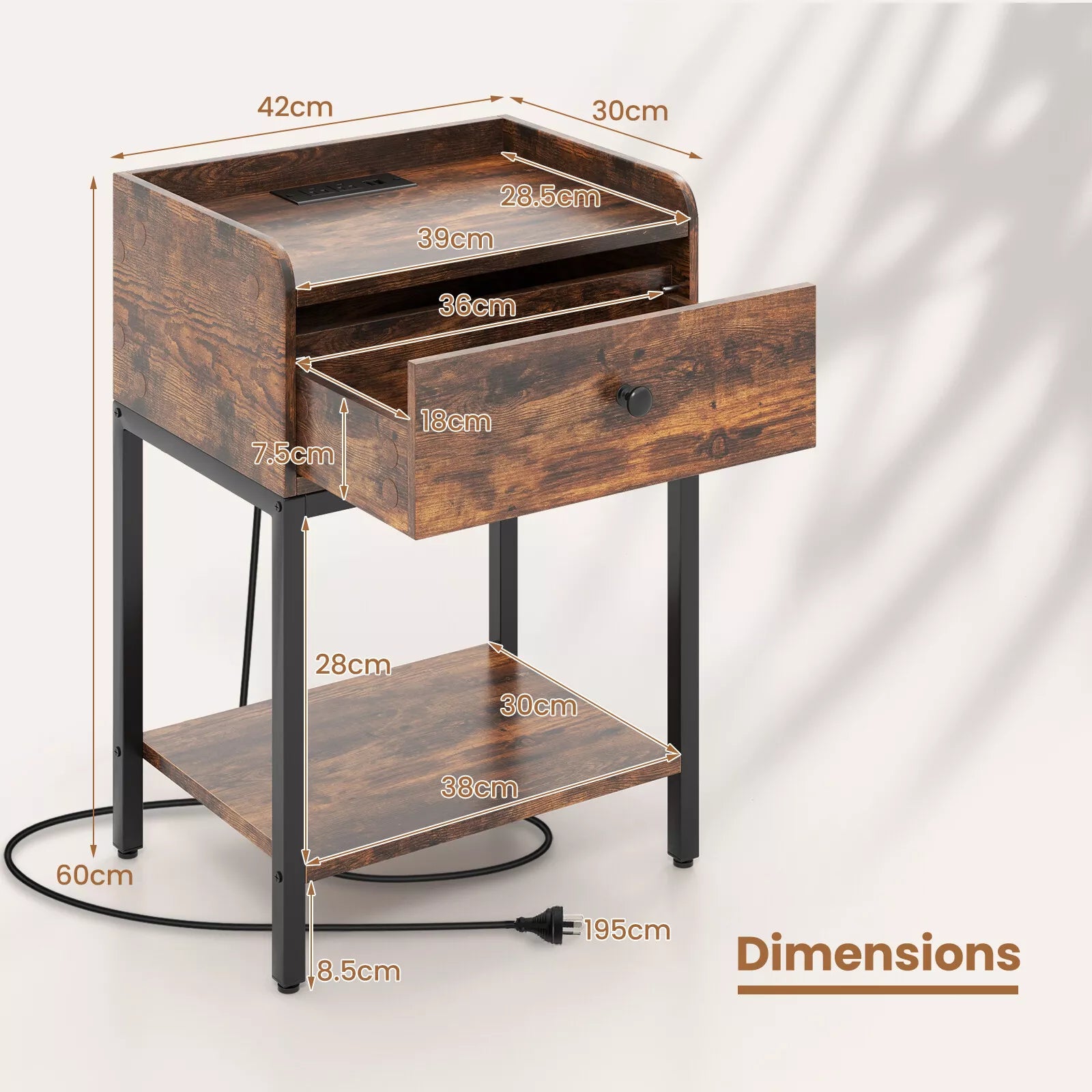Bedside Table Industrial Nightstand Sofa Side Table Storage Shelf Rustic Brwon