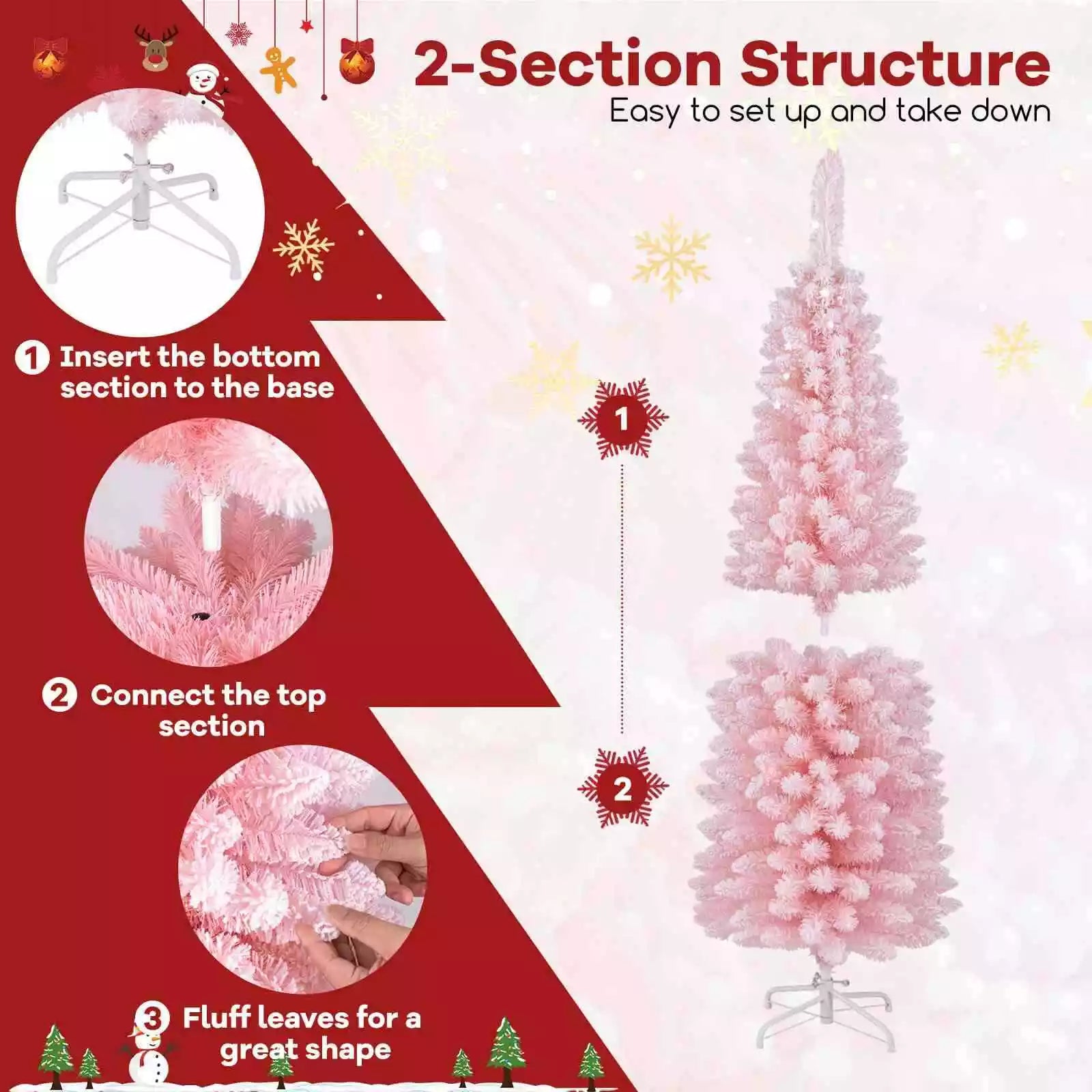 Christmas Slim Pencil Tree Unlit Corner Xmas Decoration for Seasonal Home