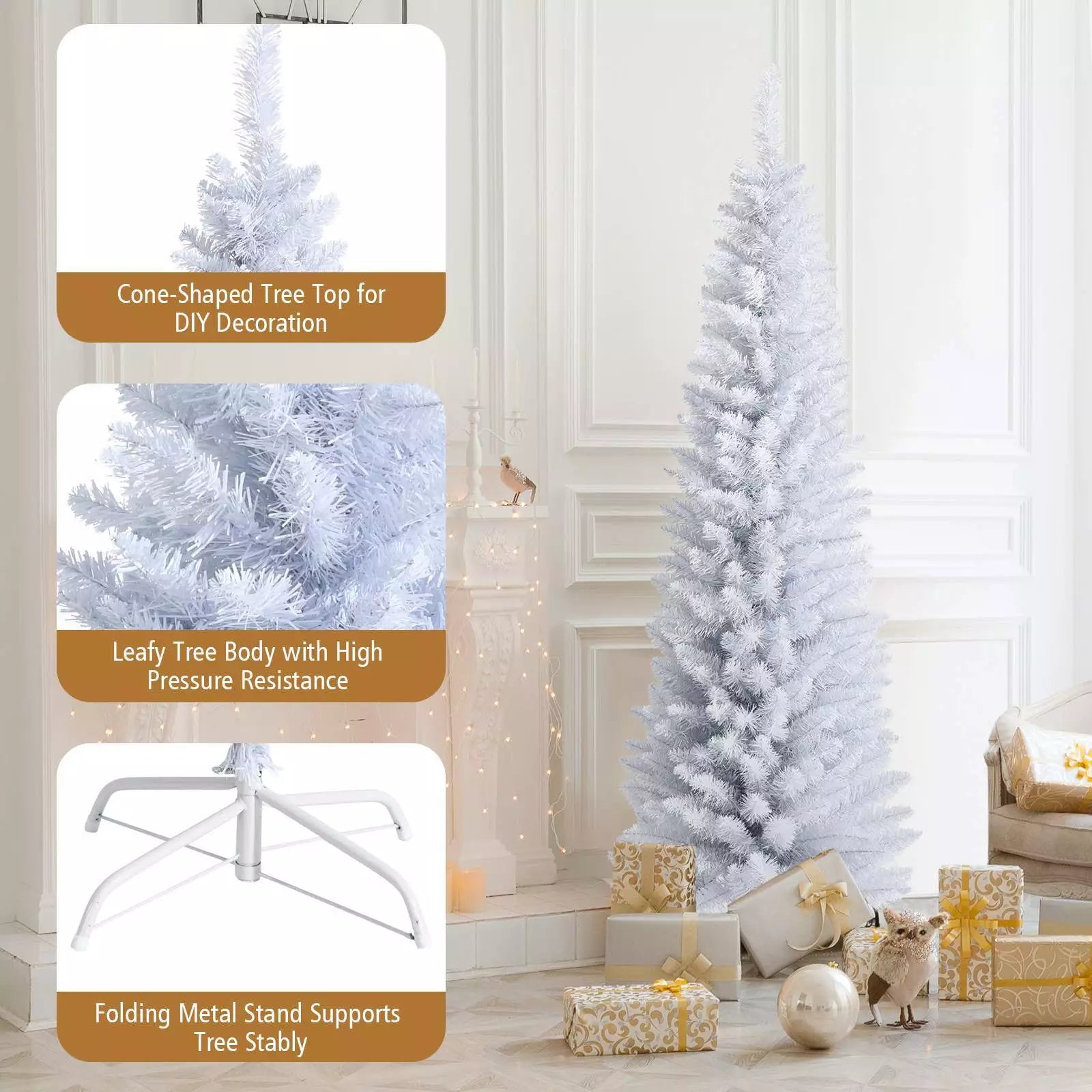 Artificial Pencil Christmas Tree W/ PVC Branch Tips for Holiday Decoration White