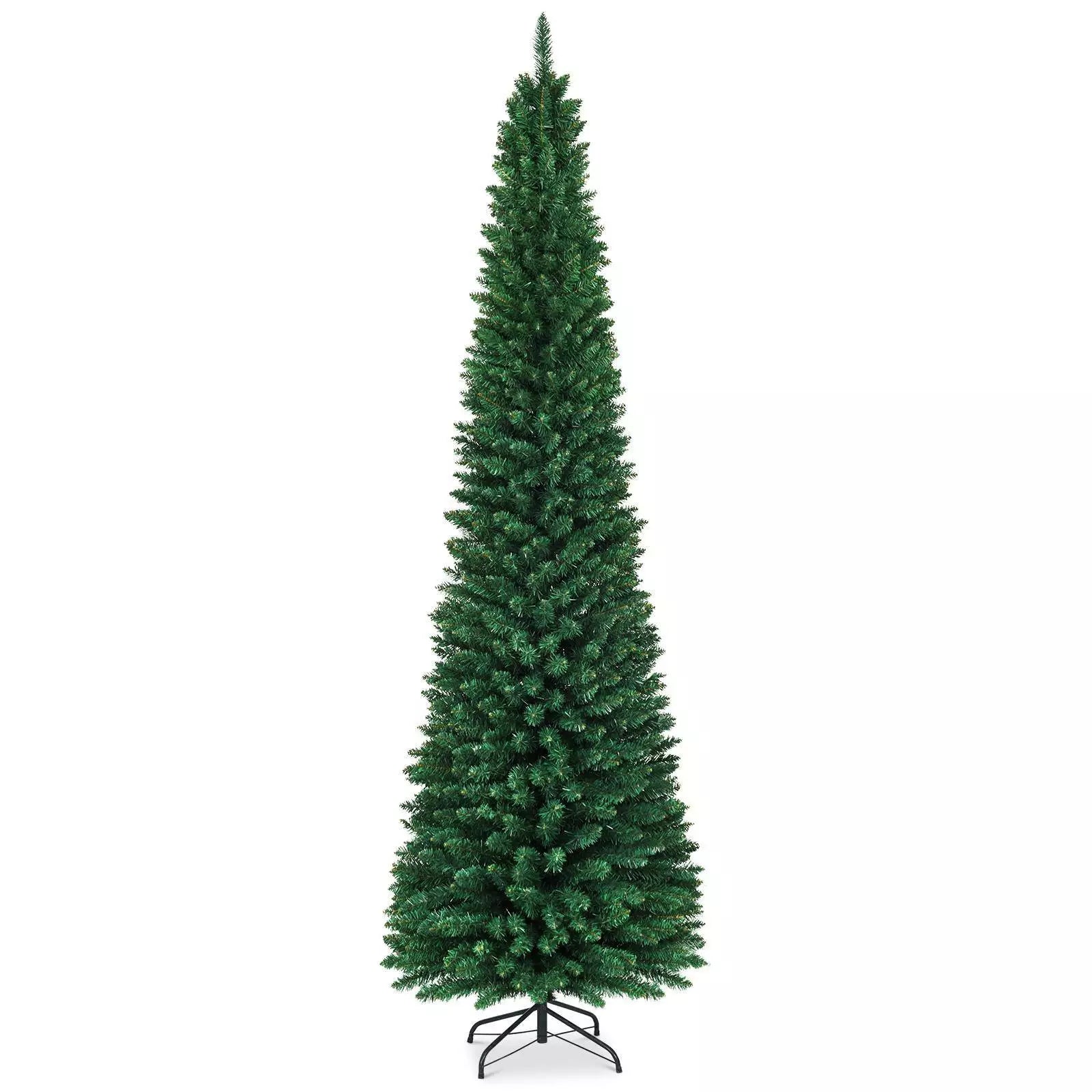 1.5/1.8/2.1/2.4/2.7 M Green Pencil Christmas Tree with 400 PVC Branch Tips and Foldable Sturdy Metal Stand