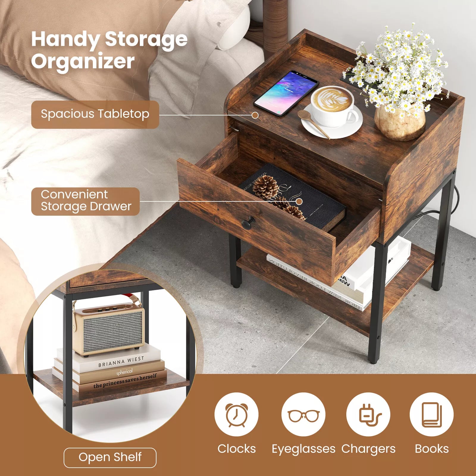 Bedside Table Industrial Nightstand Sofa Side Table Storage Shelf Rustic Brwon