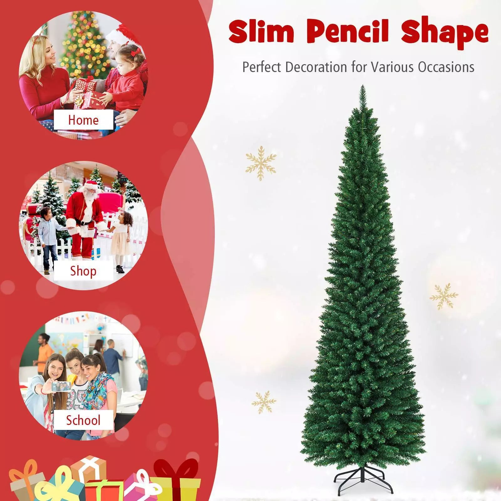 1.5/1.8/2.1/2.4/2.7 M Green Pencil Christmas Tree with 400 PVC Branch Tips and Foldable Sturdy Metal Stand